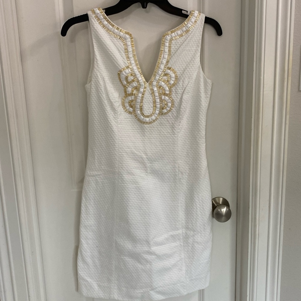 Classic Lily Pulitzer white sheath with gold bugle beads